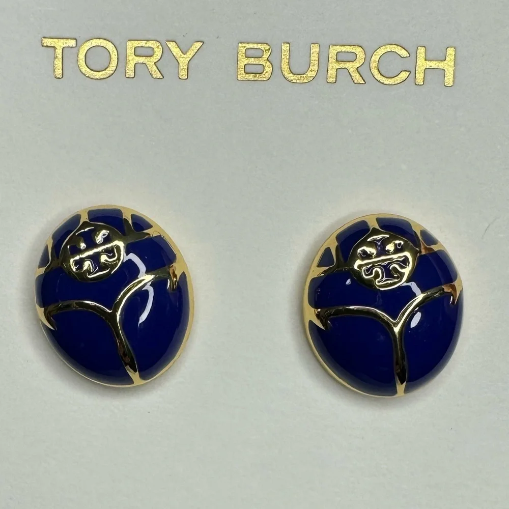 Tory Burch New Blue Enamel Oval Gold-Toned Earrings